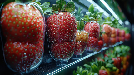 Poster - Genetically modified strawberries transparent packaging, showcasing vibrant colors and freshness. These fruits are designed for enhanced flavor and longevity, appealing to health conscious