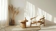 © Arifat - Sunlit Minimalist Interior: Wooden Armchair, Pampas Grass, and Natural Rug in a Serene Living Space