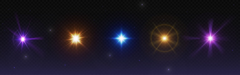 glowing glint and glare light effects set - bright multicolored star sparkles, shining golden sunbur