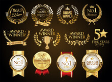 Award Golden luxury labels and badges premium quality certificate ribbons vector illustration 