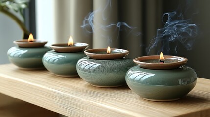 Four teal ceramic candle holders with lit candles and incense smoke on wooden surface.