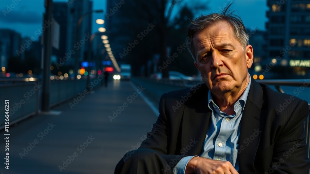 Pensive Mature Man in Business Attire Sitting on Urban Sidewalk at Dusk