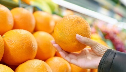 Hand selects an orange among many in a produce section of a store.