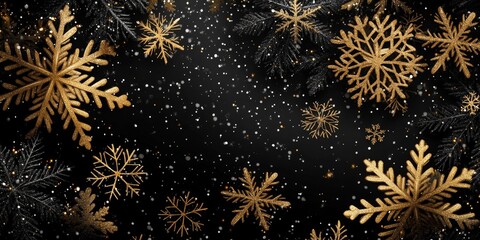 Poster - Elegant black winter background adorned with shimmering golden snowflakes, perfect for a festive Christmas theme, showcasing the beauty of winter and the magic of Christmas.