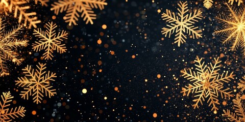 Poster - Elegant black winter background adorned with shimmering golden snowflakes, perfect for a festive Christmas theme, showcasing the beauty of winter and the magic of Christmas.