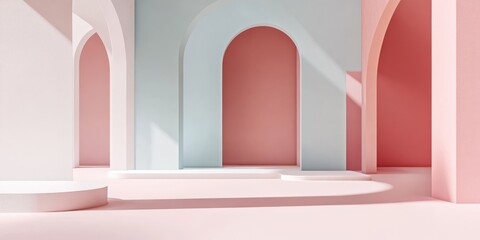 Leinwandbilder - Playful architectural models set against a pastel backdrop showcase 3D rendering. This minimalist design emphasizes the essence of simplicity and vibrancy in modern architecture.