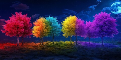 Fototapete - Vibrant color trees illuminated at night, showcasing the beauty of color trees in a serene night setting, capturing the essence of nature s color trees under the moonlight.