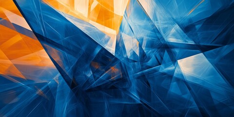 Poster - This is an abstract background in shades of blue and orange, showcasing geometric forms and lines that lead to vanishing points, creating a dynamic visual effect.