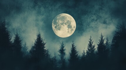 Aufkleber - Abstract background featuring a moon surrounded by trees, creating a serene atmosphere. The moon enhances the abstract feel, emphasizing the interplay between nature and the artistic representation.