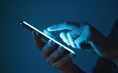 close-up of person's hands holding smartphone, illuminated screen casting soft glow on fingers, dark