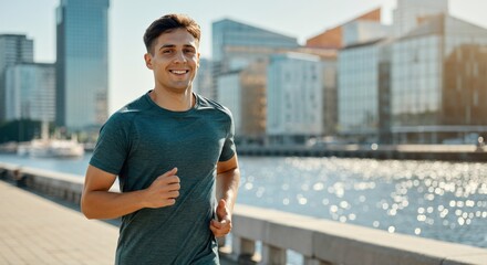 Young caucasian male jogger enjoying morning run by waterfront in urban cityscape setting