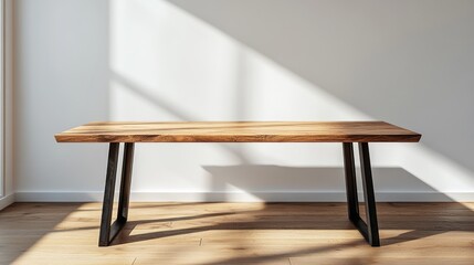 Aufkleber - Modern wooden table with angular iron legs in a bright minimalist room highlighting sunlight and contrast on a wooden floor.