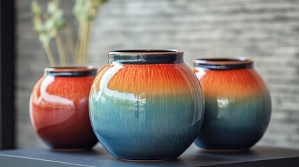 Aufkleber - Tri Colored Glazed Pottery Vases with Vibrant Gradient Finish Displayed on a Shelf Against Modern Background