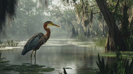 Aufkleber - Tricolored heron standing gracefully in a misty swamp surrounded by lush greenery and tranquil waters at dawn.