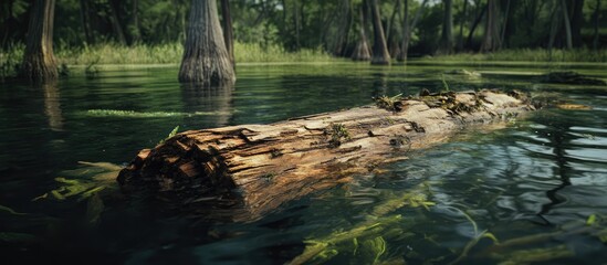 Aufkleber - Submerged tree trunk in serene waters surrounded by lush greenery and reflective ripples in a tranquil natural setting