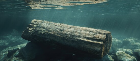 Aufkleber - Submerged tree trunk in tranquil water revealing natural textures and reflections in serene aquatic environment
