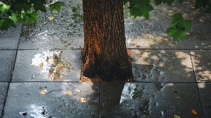 Aufkleber - Close-up of a tree trunk on a concrete sidewalk with water puddles and green foliage reflecting the serene urban environment.