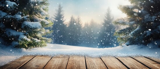 Aufkleber - Snowy forest landscape with wooden plank foreground and gentle sunlight creating a serene winter atmosphere