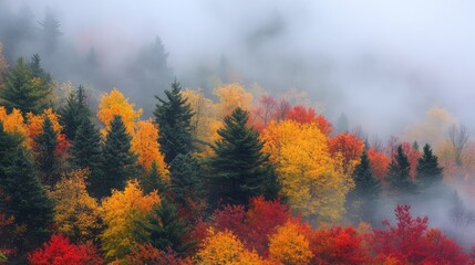 Poster - Autumn forest landscape with vibrant foliage and fog creating a serene atmosphere in a colorful tree canopy during the fall season.