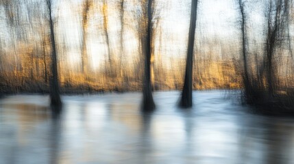 Aufkleber - Trees reflected in a serene stream with soft focus creating an ethereal atmosphere in a tranquil natural setting