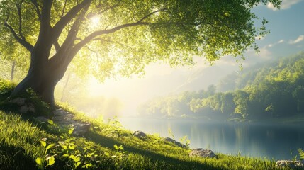 Aufkleber - Serene landscape of trees by the riverbank with sunlight filtering through the leaves creating a peaceful natural setting