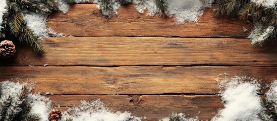 Aufkleber - Winter wooden background with snow and pine cones ideal for festive decorations and seasonal themes in photography and design projects.