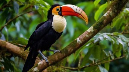 majestic hornbill with its distinctive beak and colorful plumage perched gracefully on a tropical tr