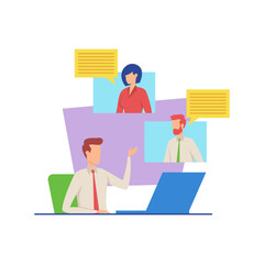 Wall Mural - Businessman having video call with colleagues vector illustration. Manager discussing project with team. Business, video conference, teamwork, modern technology concept