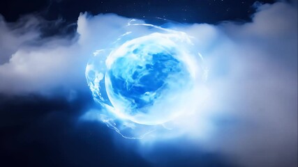 Wall Mural - glowing blue energy sphere of moving particles surrounded by shiny clouds in a dark void