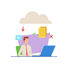 Wall Mural - Businessman working on laptop vector illustration. Manager checking documents in cloud storage, downloading, saving and deleting files. Business and modern technology concept
