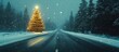 © The 2R Artificiality - Glowing Christmas tree on car roof driving down snowy highway in winter storm with snow-covered pines and space for text usage