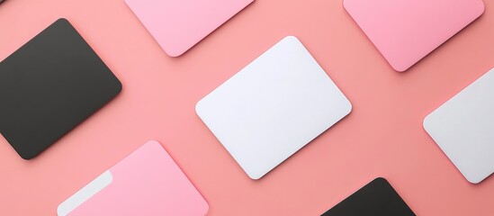 Wall Mural - Gift card mockup set on a soft pink background with ample empty space for personalized text and branding options.