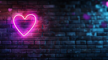 A vibrant neon heart sign glowing against a textured brick wall, creating a captivating urban atmosphere with colorful bokeh.