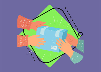 Wall Mural - cartoon hands passing gift box. person giving object to friend or customer on grey background flat v
