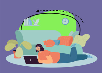 Wall Mural - happy cartoon woman lying on floor with laptop and cat on sofa. girl working from home flat vector i