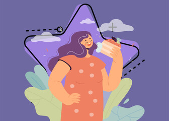 Poster - happy woman eating piece of cake with hands. fat adult female person eating sweets instead of health