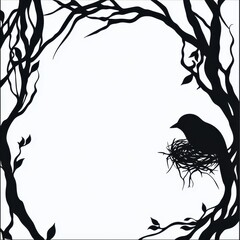 A silhouette of a bird's nest in the branches of a tree, with faint abstract leaves and soft light gradients symbolizing nurturing and new beginnings. 