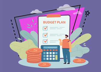 Wall Mural - tiny cartoon man with budget plan on clipboard and calculator. businessman planning company budget, 
