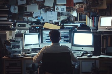 Programmer working late at night in a cluttered office.