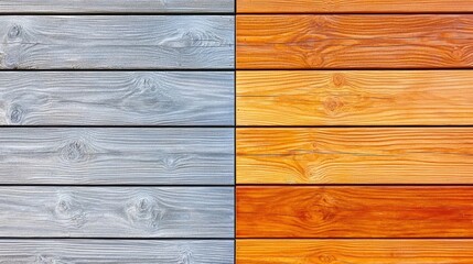 Close-Up of Wooden Planks with Contrasting Gray and Orange Tones in a Symmetrical Pattern