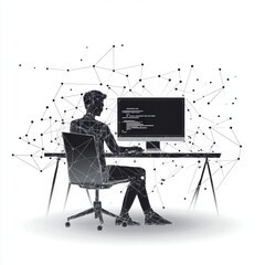 Silhouette of a focused male programmer working at a computer with a digital network background, emphasizing technology and innovation.