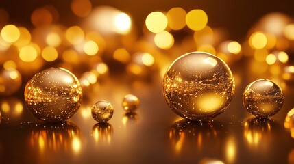 Golden spheres bokeh background, abstract shiny luxury texture.