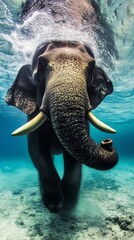 Wall Mural - Elephant swimming underwater with tusks visible, symbolizing grace and strength in nature.