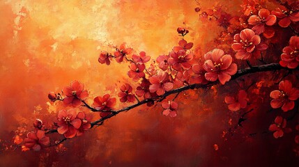 Canvas Print - Red Blossom Tree: Sunset Painting, Floral Art