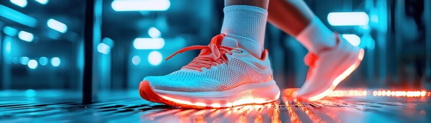 Close-up of a stylish sneaker with glowing details and motion blur.