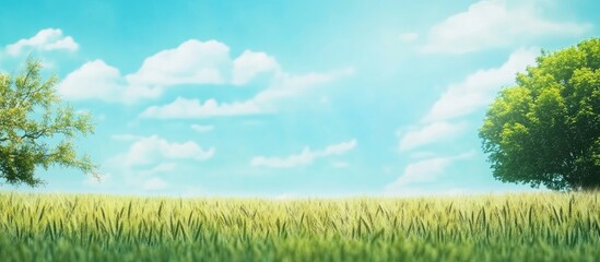 Poster - Vibrant green wheat field under a bright blue sky with fluffy clouds Nature landscape banner with empty space for your text or designs