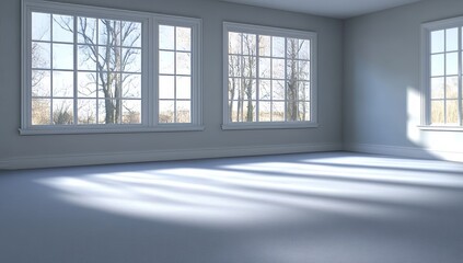 Empty room with three large windows, sunlight streaming through trees