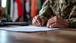 © GioGio - Military officer in uniform carefully reviewing a contract document on a wooden table, serious expression reflecting the significance of the agreement in a professional setting.