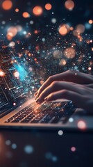 Hands Typing on Laptop with Digital Particles