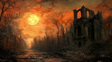 Poster - Apocalyptic Landscape: Fiery Sunset, Ruins, and Trees